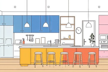 Fototapeta premium Colorful kitchen interior design sketch.