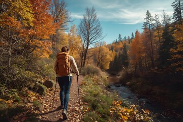 Fototapeta premium Hiking active people lifestyle wearing backpack exercising outdoors.