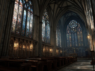 Fototapeta premium A Gothic cathedral with intricate stained glass windows, showcasing historical architecture and religious artistry.