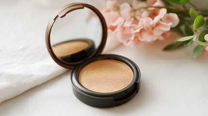 Compact Face Powder with Mirror on Soft White Fabric with Pink Flowers, Natural Makeup Product Flat Lay
