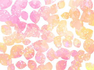 秋の紅葉のイメージの背景素材。水彩風テクスチャー。紅葉の丸い葉っぱのシルエット全面。かわいい色調。ふんわりした光の輝き。コピースペース。