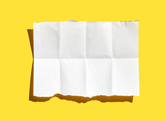 Crumpled white paper sheet on bright yellow background torn edges shadow texture.