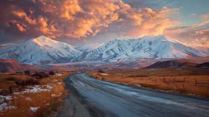 Snowy Mountain Range at Sunset with Winding Road