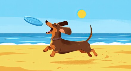 Happy Brown Dachshund Dog Running, Catching Frisbee, Beach Scene