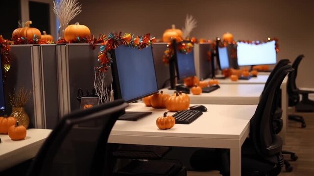 Work desks with computers decorated with mini pumpkins and garlands, camera moves along, soft light. Concept of festive corporate halloween office design