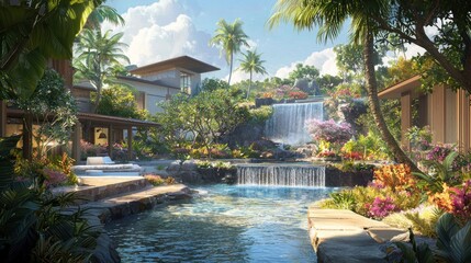 Lush tropical resort with waterfall, pool, and villas.