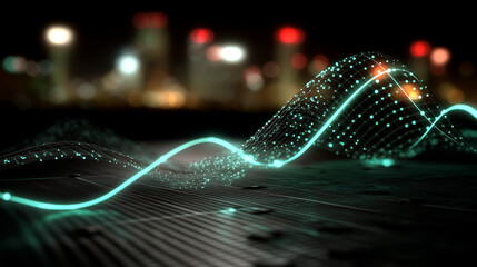Digital Data Flow on a Circuit Board with a City Skyline at Night