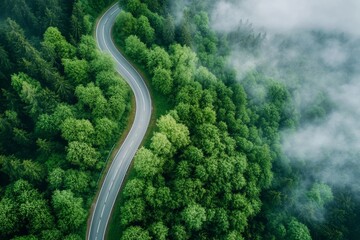 Dramatic aerial perspective of a meandering forest road set amidst a lush and vibrant green canopy at the height of the rain season