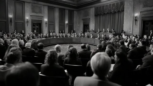 A large group of people are sitting in a room. They are all wearing suits. Wide shot faceless senate chamber during voting session, vote-a-rama documentary muted