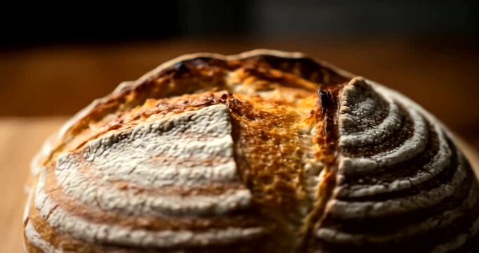 Close-up of a freshly baked artisan loaf of bread with intricate, decorative scoring.
