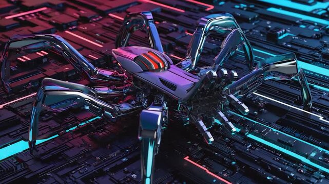 Futuristic spider-like robot on a circuit board