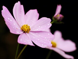 Fototapeta premium Close-up of a cosmos flower covered in morning dew, capturing the beauty of nature.