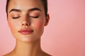 A woman of stunning beauty is captured with a peaceful expression and closed eyes in a soft pink glowing portrait of elegance
