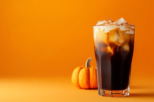 Seasonal Flavor of Autumn Pumpkin Spice in Cold Brew Coffee Showcased Through Premium Beverage Photography