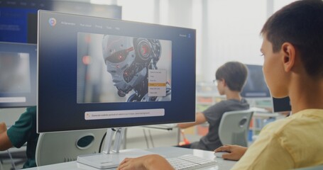 Fototapeta premium Primary School Boy Working on Computer, Creating Sci-Fi Picture in AI Image Generator. Diverse Kids Studying Artificial Intelligence Technology During Digital Art Class. Innovative STEM Learning.