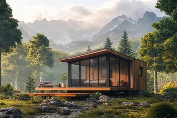 In a pristine mountain setting, a contemporary tiny house is tucked away among towering evergreen trees with an eco-friendly design