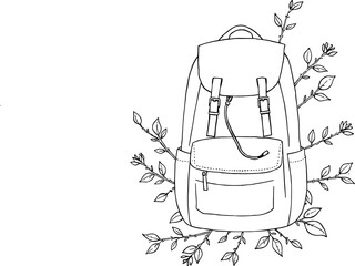 Black and White Hand Drawn Backpack Illustration with Leaves, Minimalist Outline Art for Stationery Design and Coloring Books
