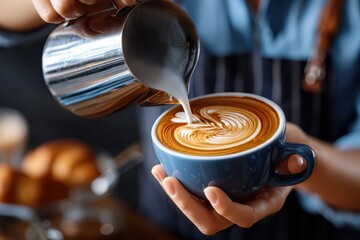Barista pouring milk into coffee cup with latte art