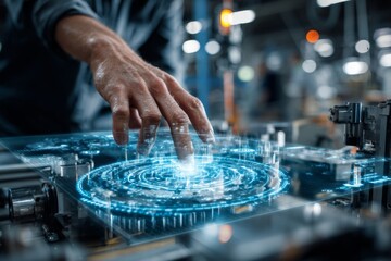 Engineer swiping glowing holographic predictive maintenance dashboard, symbolizing smart manufacturing.