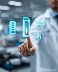 Engineer pointing at glowing holographic battery and renewable energy icons, symbolizing sustainable power.