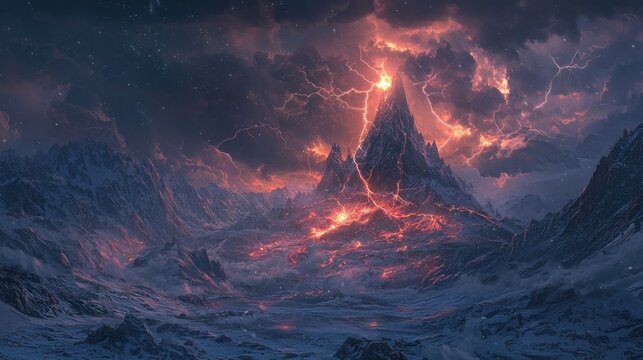 Volcanic eruption during a blizzard, lightning striking a snow-capped peak.