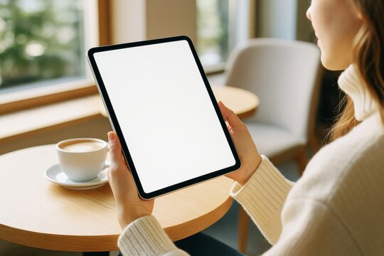 Woman holding digital tablet with blank screen in cozy cafe setting for mockup presentation and branding concept on bright background. Ai generative - Powered by Adobe