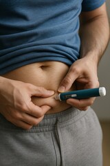A Caucasian man self-injects medication into his belly using a GLP-1 injector pen. Weight loss, semaglutide treatment