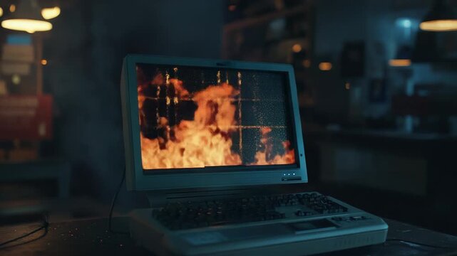 Burning desktop computer on fire in an office at night