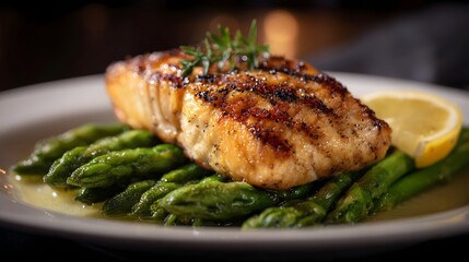 Perfectly grilled salmon fillet with fresh green asparagus and a vibrant lemon wedge elegantly presented on a white plate for a healthy gourmet meal