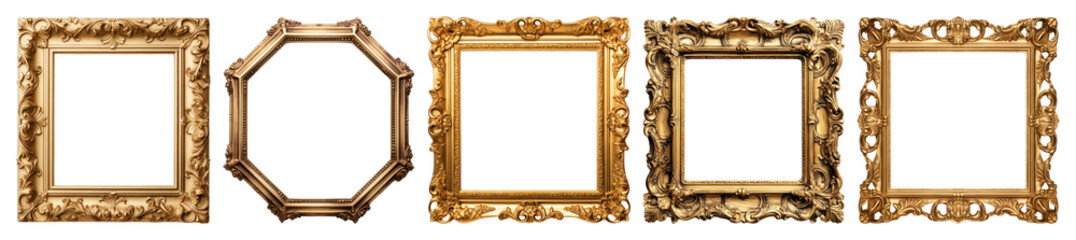 PNG Elegant vintage ornate gold frames, element set on transparent background