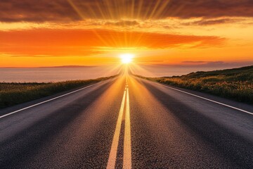 The endless highway stretches toward the golden sunset horizon, symbolizing future opportunities and career growth
