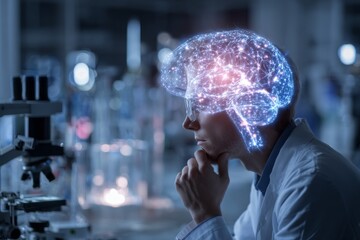 Engineer in thoughtful pose with glowing holographic AI brain projection, symbolizing artificial intelligence in industry.