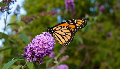 Monarch butterfly on a vibrant purple flower cluster