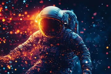 Iridescent and prismatic lighting effects illuminate the silhouette of a futuristic astronaut in a cosmic environment