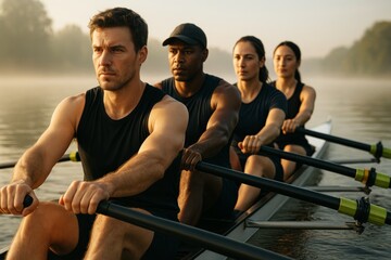 Focused rowing team training on calm river during golden hour with soft light and misty background, symbolizing unity, strength and discipline. Ai generative