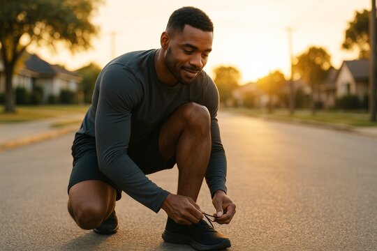 Man tying running shoes on empty suburban street at sunrise, wearing athletic gear, warm natural light, early morning exercise concept outdoors. Ai generative