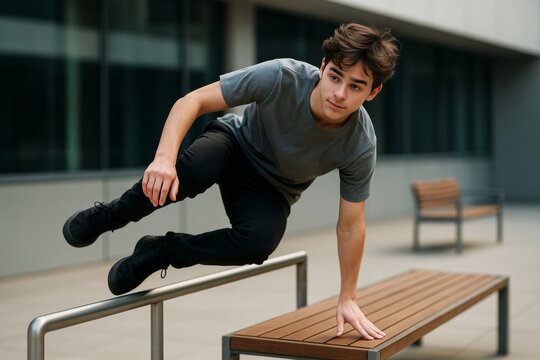 Young man practicing parkour by vaulting over a bench in urban setting during daylight, demonstrating agility and motion in a dynamic moment. Ai generative