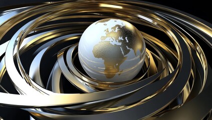 3D rendering of white and gold globe in spiral structure World background