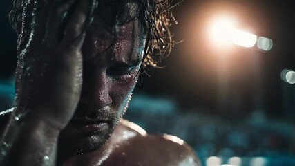 Intense Athlete Experiences Moments of Strain and Discomfort During High Stakes Competition in Dramatic Lighting