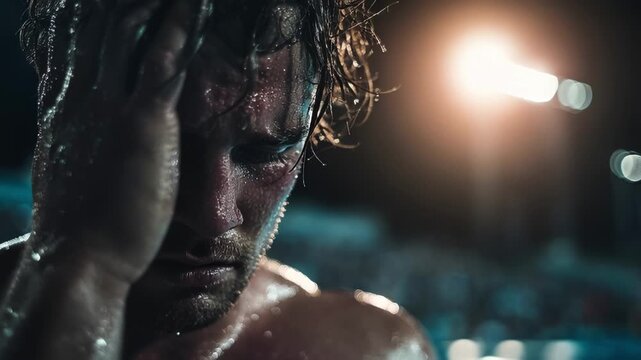 Intense Athlete Experiences Moments of Strain and Discomfort During High Stakes Competition in Dramatic Lighting