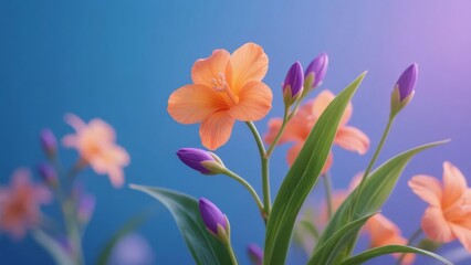 Fototapeta premium Vibrant Orange and Purple Flowers Against a Gradient Blue Background