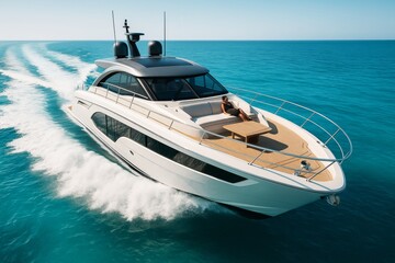 Luxury motor yacht cruising in turquoise sea with person relaxing on deck under bright sunlight, showcasing transport and summer leisure concept. Ai generative