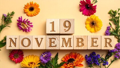 Wooden Blocks with Date 19 November. Floral Calendar – Vibrant Flowers on Solid Colored Background