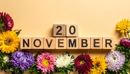 Wooden Blocks with Date 20 November. Floral Calendar – Vibrant Flowers on Solid Colored Background