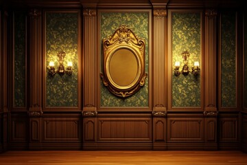Luxurious Room with Dark Wood Paneled Wall, Ornate Mirror, and ancient victorian home decor background