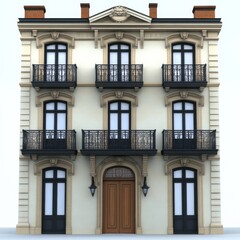 Obraz premium Modern 3D Rendering of Two-Story Building with Elegant Beige Exterior, French