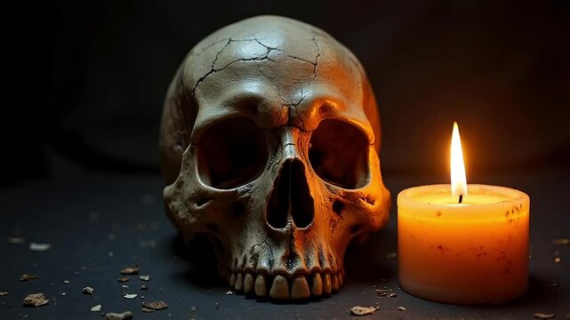 A human skull sits beside a flickering candle in a dimly lit, somber setting.