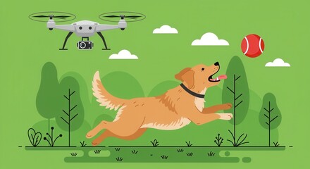 Naklejka premium A dog chases a ball in a park while a drone hovers above, capturing the fun.