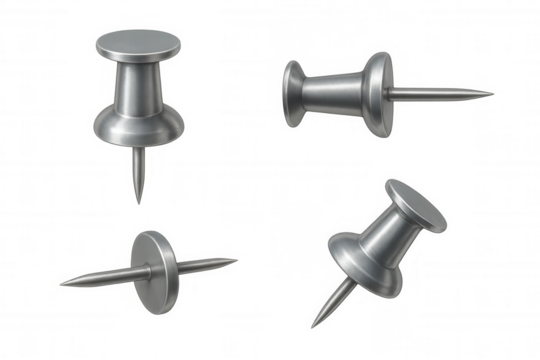 Metallic push pins gleaming against transparent backdrop, highlighting polished surface and intricate metallic construction