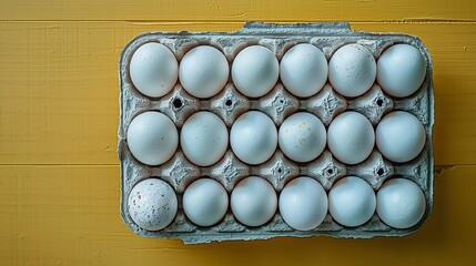 Close up of dozen white eggs in a carton on yellow background